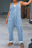 Light Blue Casual Backless Spaghetti Strap Sleeveless Pocket Fitted Denim Jumpsuits Overall