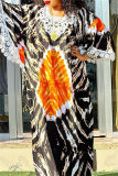 Green Casual African Graphics Print O Neck Flare Sleeve Long Loose Vacation Maxi Dresses