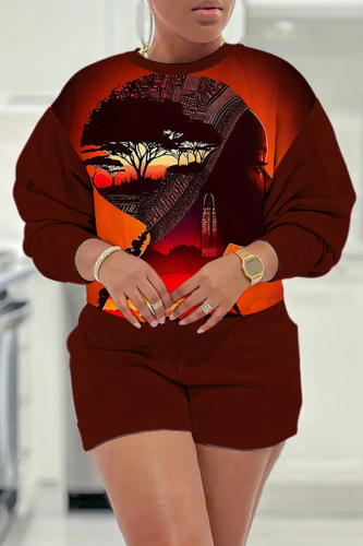 Dark Red Casual Figure Print O Neck Long Sleeve Sweatshirt And Shorts Two Pieces Shorts Sets