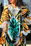 Green Casual African Graphics Print O Neck Flare Sleeve Long Loose Vacation Maxi Dresses