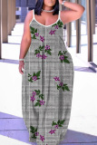 Blue Yellow Grapics Print Backless Spaghetti Strap Floor Length Vacation Baggy Sundress Slip Maxi Dress