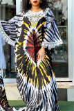 Green Casual African Graphics Print O Neck Flare Sleeve Long Loose Vacation Maxi Dresses
