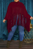 Khaki Turtleneck Lantern Sleeve Fringe Top Plus Size Tassel Pullover Poncho Coat Faux Suede Shawl