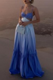 Blue Casual Gradient Print Backless Sleeveless Ruffle Hem Long Vacation A Line Maxi Slip Dresses