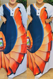 Light Blue Floral Print Backless Long Sleeve V Neck Floor Length Vacation Baggy Maxi Dress