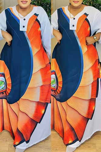 Light Blue Floral Print Backless Long Sleeve V Neck Floor Length Vacation Baggy Maxi Dress
