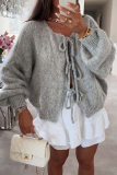 Pink Casual Lace Up O Neck Long Sleeve Knitted Cardigan Sweater Jacket