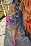 Casual Faux Denim Print Sleeveless O Neck Irregular Hem Loose Vacation Plus Size Tank Midi Dresses