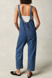 Light Blue Casual Backless Spaghetti Strap Sleeveless Pocket Fitted Denim Jumpsuits Overall