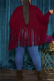Khaki Turtleneck Lantern Sleeve Fringe Top Plus Size Tassel Pullover Poncho Coat Faux Suede Shawl