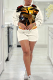 Dark Red Casual Figure Print O Neck Long Sleeve Sweatshirt And Shorts Two Pieces Shorts Sets