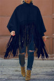 Khaki Turtleneck Lantern Sleeve Fringe Top Plus Size Tassel Pullover Poncho Coat Faux Suede Shawl