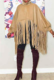 Khaki Turtleneck Lantern Sleeve Fringe Top Plus Size Tassel Pullover Poncho Coat Faux Suede Shawl