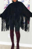 Khaki Turtleneck Lantern Sleeve Fringe Top Plus Size Tassel Pullover Poncho Coat Faux Suede Shawl