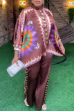 Brown Casual Floral Print Half A Turtleneck 3/4 Sleeve Buttons Irregular Blouse And Wide Leg Pants Vacation Plus Size Two Pieces Trouser Set