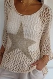 Apricot Casual The Stars O Neck 3/4 Sleeve Hollow Out Knitted Tops