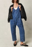 Light Blue Casual Backless Spaghetti Strap Sleeveless Pocket Fitted Denim Jumpsuits Overall