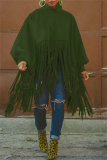 Khaki Turtleneck Lantern Sleeve Fringe Top Plus Size Tassel Pullover Poncho Coat Faux Suede Shawl