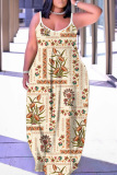 Blue Yellow Grapics Print Backless Spaghetti Strap Floor Length Vacation Baggy Sundress Slip Maxi Dress