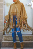 Khaki Turtleneck Lantern Sleeve Fringe Top Plus Size Tassel Pullover Poncho Coat Faux Suede Shawl