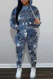Light Blue Graphcis Print Long Sleeve Hooded Sweatshirt And Drawstring Pants Sportwear Casual Two Pieces Sweatpant Set