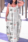 Blue Yellow Grapics Print Backless Spaghetti Strap Floor Length Vacation Baggy Sundress Slip Maxi Dress