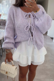 Pink Casual Lace Up O Neck Long Sleeve Knitted Cardigan Sweater Jacket