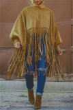 Khaki Turtleneck Lantern Sleeve Fringe Top Plus Size Tassel Pullover Poncho Coat Faux Suede Shawl