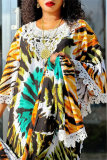 Green Casual African Graphics Print O Neck Flare Sleeve Long Loose Vacation Maxi Dresses