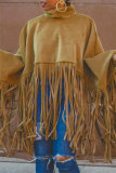 Khaki Turtleneck Lantern Sleeve Fringe Top Plus Size Tassel Pullover Poncho Coat Faux Suede Shawl