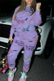 Pink Letter Print Long Sleeve Hooded Sweatshirt And Drawstring Pants Sportwear Casual Two Pieces Sweatpant Set