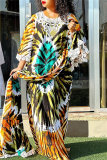 Green Casual African Graphics Print O Neck Flare Sleeve Long Loose Vacation Maxi Dresses