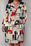 Light Blue Casual Letter Print Pocket V Neck Long Sleeve Straight Plus Size Midi Dresses