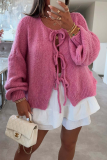Pink Casual Lace Up O Neck Long Sleeve Knitted Cardigan Sweater Jacket