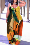 Blue Yellow Grapics Print Backless Spaghetti Strap Floor Length Vacation Baggy Sundress Slip Maxi Dress