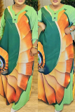Light Blue Floral Print Backless Long Sleeve V Neck Floor Length Vacation Baggy Maxi Dress
