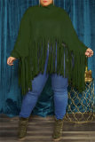 Khaki Turtleneck Lantern Sleeve Fringe Top Plus Size Tassel Pullover Poncho Coat Faux Suede Shawl