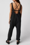 Light Blue Casual Backless Spaghetti Strap Sleeveless Pocket Fitted Denim Jumpsuits Overall