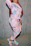 Pink Letter Print Long Sleeve Hooded Sweatshirt And Drawstring Pants Sportwear Casual Two Pieces Sweatpant Set