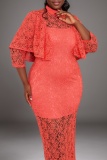 Red Lace Flower Print See-Through Half A Turtleneck Half Sleeve Formal Evening Party Two Pieces Dress
