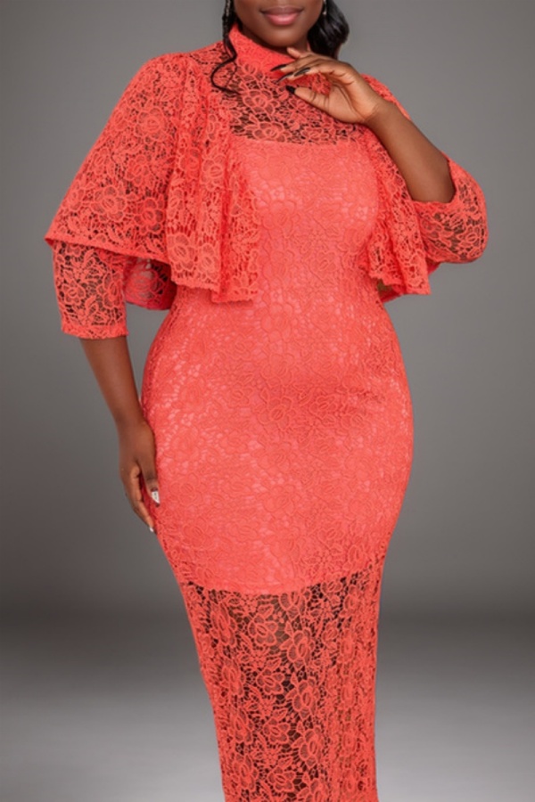 Red Lace Flower Print See-Through Half A Turtleneck Half Sleeve Formal Evening Party Two Pieces Dress