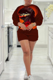 Dark Red Casual Figure Print O Neck Long Sleeve Sweatshirt And Shorts Two Pieces Shorts Sets