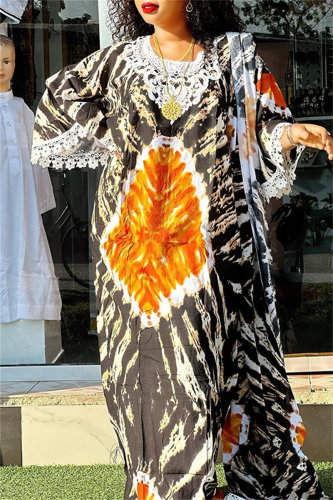 Green Casual African Graphics Print O Neck Flare Sleeve Long Loose Vacation Maxi Dresses