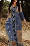 Multicolor Graphcis Print Long Sleeve Floor Length Loose Vacation Baggy Maxi Dress