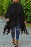 Khaki Turtleneck Lantern Sleeve Fringe Top Plus Size Tassel Pullover Poncho Coat Faux Suede Shawl