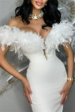 White Feathers Backless Off Shoulder Wrapped Skirt Formal Evening Party Bodycon Maxi Dress
