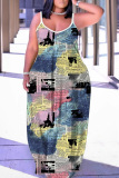 Blue Yellow Grapics Print Backless Spaghetti Strap Floor Length Vacation Baggy Sundress Slip Maxi Dress