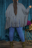 Khaki Turtleneck Lantern Sleeve Fringe Top Plus Size Tassel Pullover Poncho Coat Faux Suede Shawl