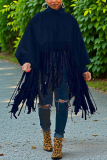 Khaki Turtleneck Lantern Sleeve Fringe Top Plus Size Tassel Pullover Poncho Coat Faux Suede Shawl