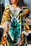 Green Casual African Graphics Print O Neck Flare Sleeve Long Loose Vacation Maxi Dresses